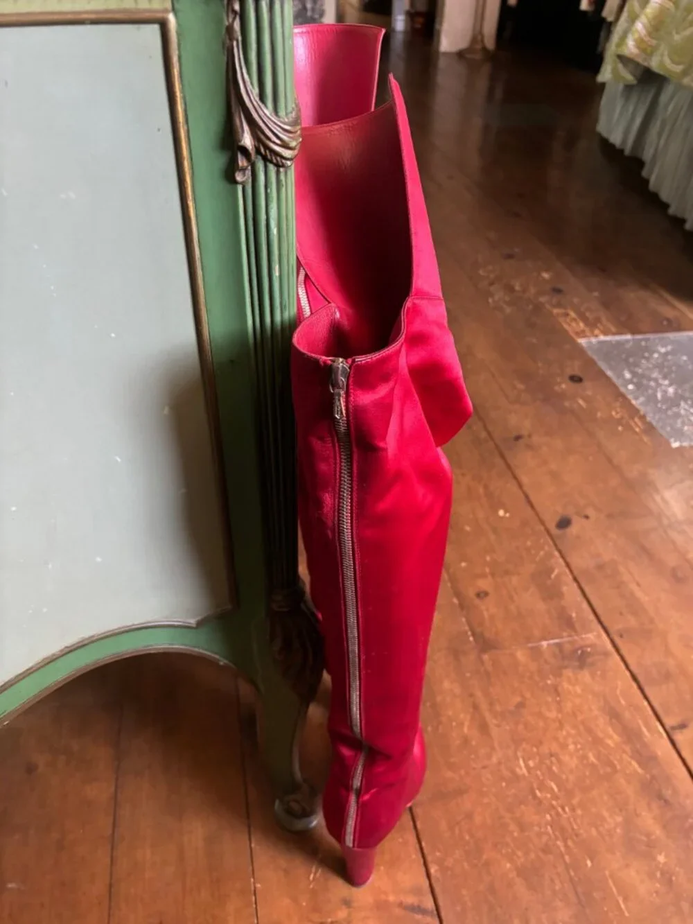 Chanel Red Satin Thigh-High  Boots Size 39 Comfortable Fit
